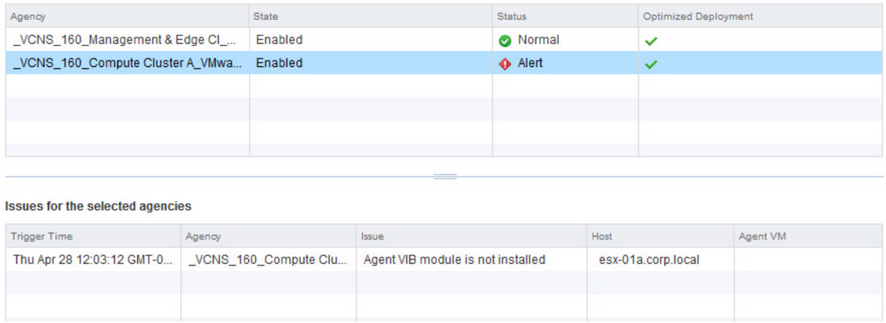 Agency status is displayed as Alert. The issue is that Agent VIB module is not installed.