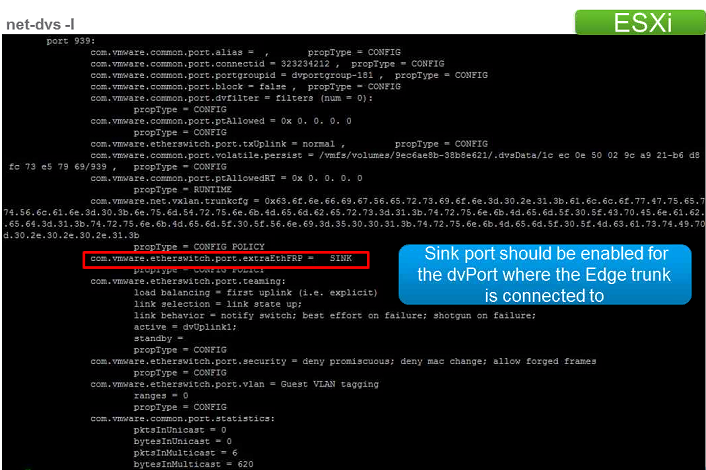 The command output shows that the sink port is enabled for the dvPort where the Edge trunk interface is connected to.