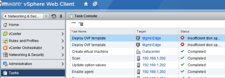 Task Console in the vSphere Web Client displays issues about insufficient disk space.
