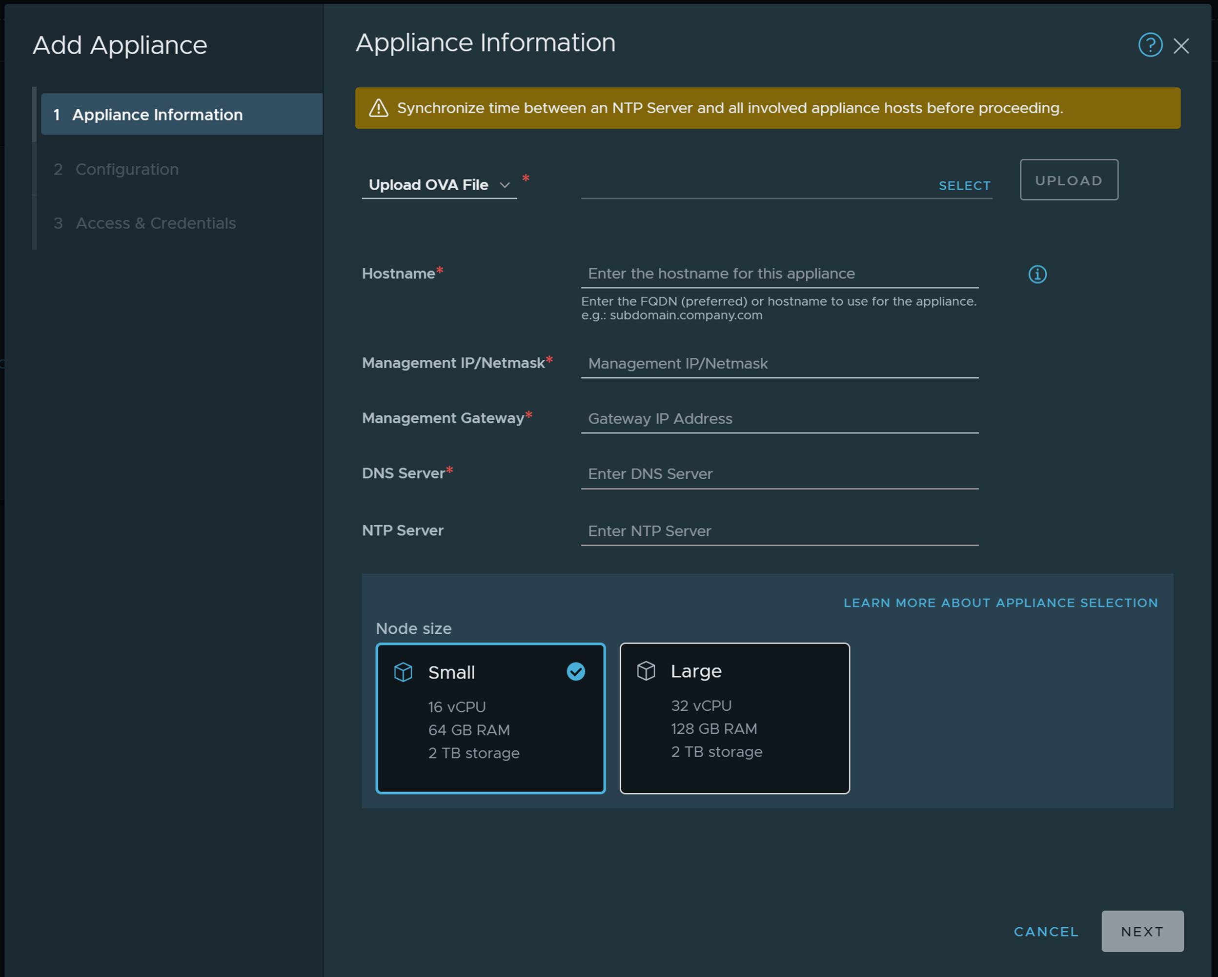 NSX Intelligence Add Appliance wizard. The fields are described in the steps and content surrounding the image.