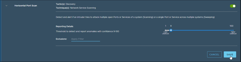 Screenshot of the Horizontal Port Scan detector definition card in Edit mode..