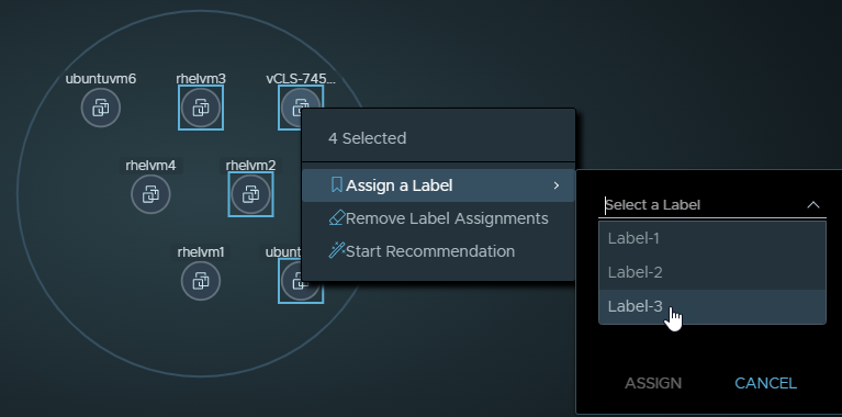 Image of Computes view with 4 selected nodes. The Assign a Label > Select a Label contextual menu is displayed.