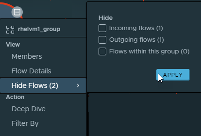 Hide flows meni item selected on a node and the sub-menu of flow types is displayed.