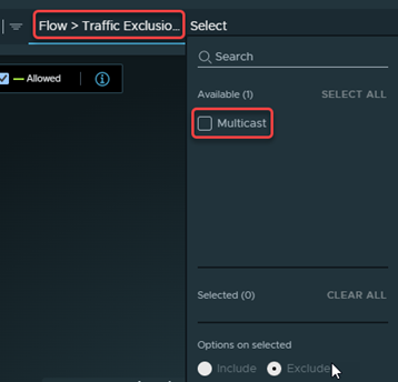 Filter set to Flow > Traffic Exclusion. Multicast is an available traffic for selection for exclusion from being displayed.