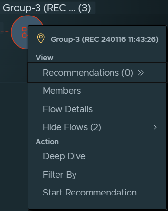Contextual menu that appears after right-clicking a group node. The menu items are described by surrounding text.