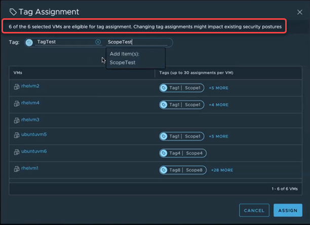 Tag Assignment dialog box listing the preselected VMs to be tagged.