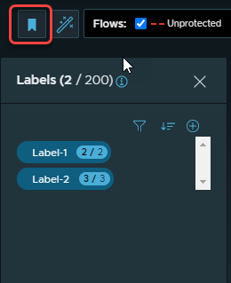 Screenshot of the Label panel with the Label icon circled in red. There are two labels, Label-1 and Label-2, that are listed in the panel.