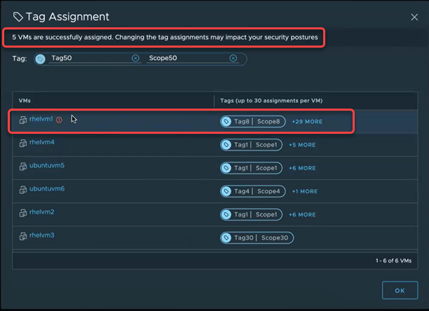 Tag Assignment dialog box when an error occurs during multi-VM tag assignment.