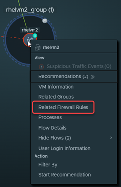 Contextual menu for selected VM, while in a deep dive view of a group. Related Firewall Rules is highlighted in the menu