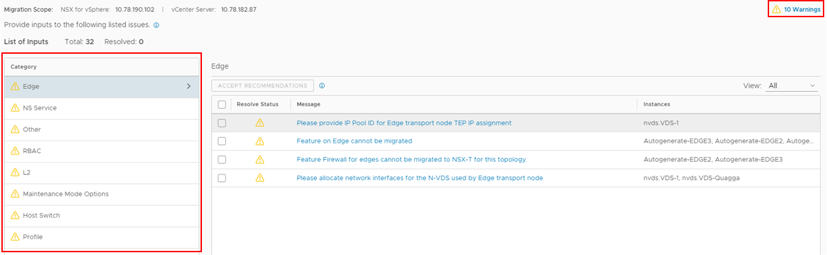 Warnings and Categories of Issues on the Resolve Configuration Page.