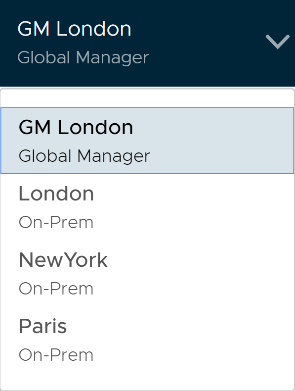 Shows Global Manager drop-down menu displaying Local Manager clusters.