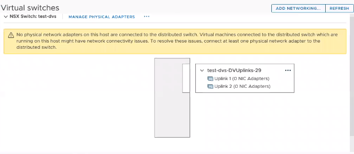NSX-T Data Center switch does not have any vmnic or vmks configured on it.