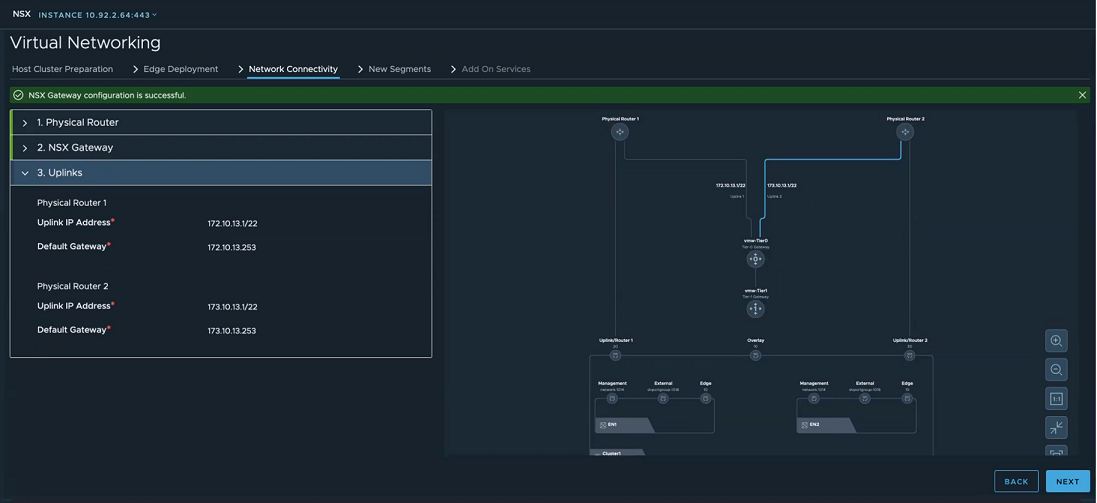 Create a NSX-T gateway that will be connected to routers on the north side and to segments on the south side.