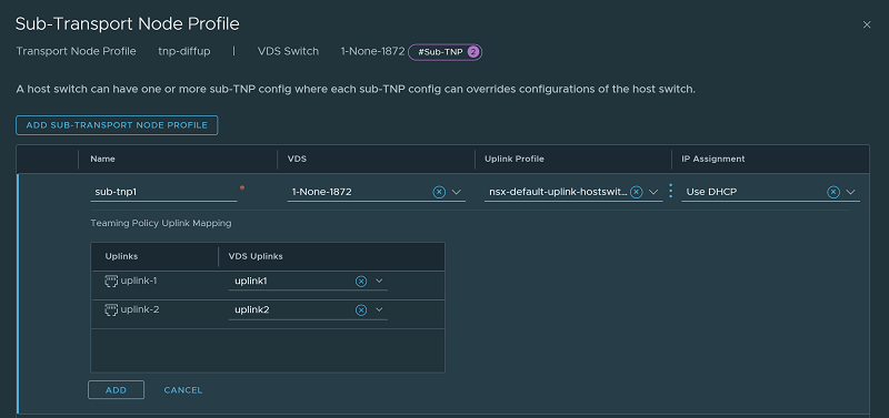 Add a Sub-Transport Node Profile that will be applied to a sub-cluster.