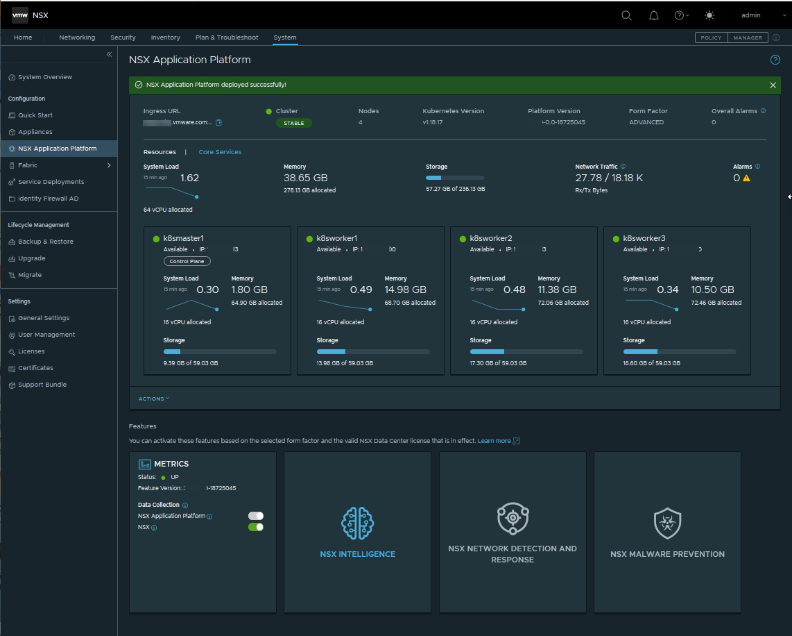 NSX Application Platform UI after a successful deployment. Platform configuration details and available NSX features are displayed.