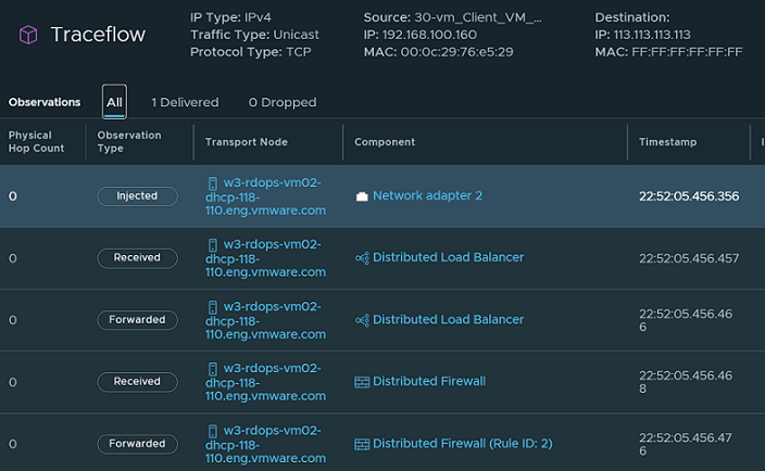 Packet flow between virtual machines where Distributed Load Balancer is enforced.