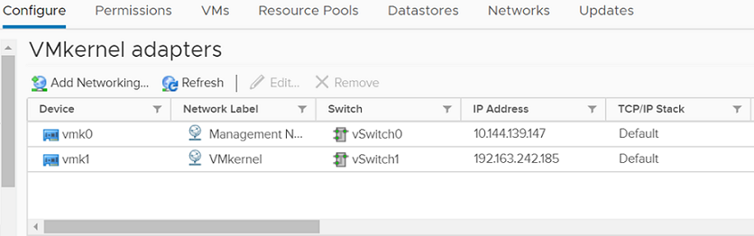 The VMkernel Adapters page displays the added vmkernels to a VSS or DVS switch.