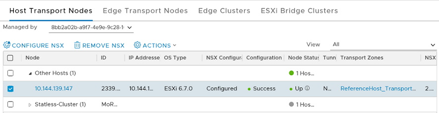 On the Host Transport Node page, view the reference hosts that are prepared as Transport Nodes.