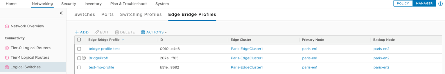 Screenshot of the edge bridge profiles screen