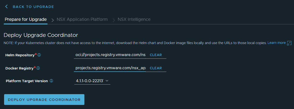 Prepare tab in the Upgrade NSX Application Platform UI with text boxes prepopulated default values from the Helm repository.