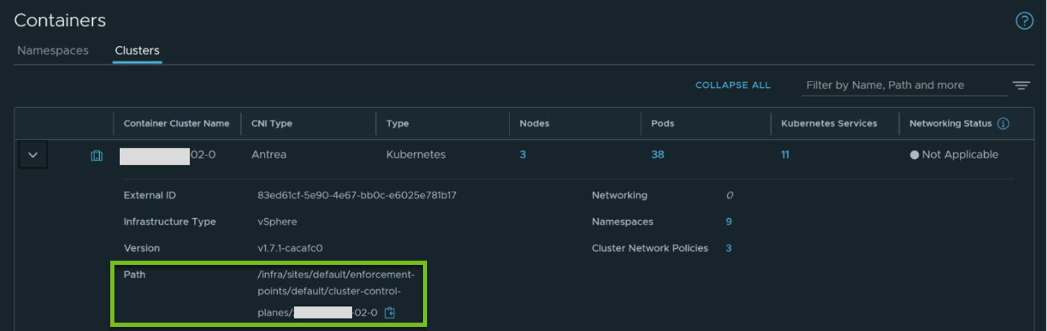 Highlights the path of a container cluster in NSX Manager UI.