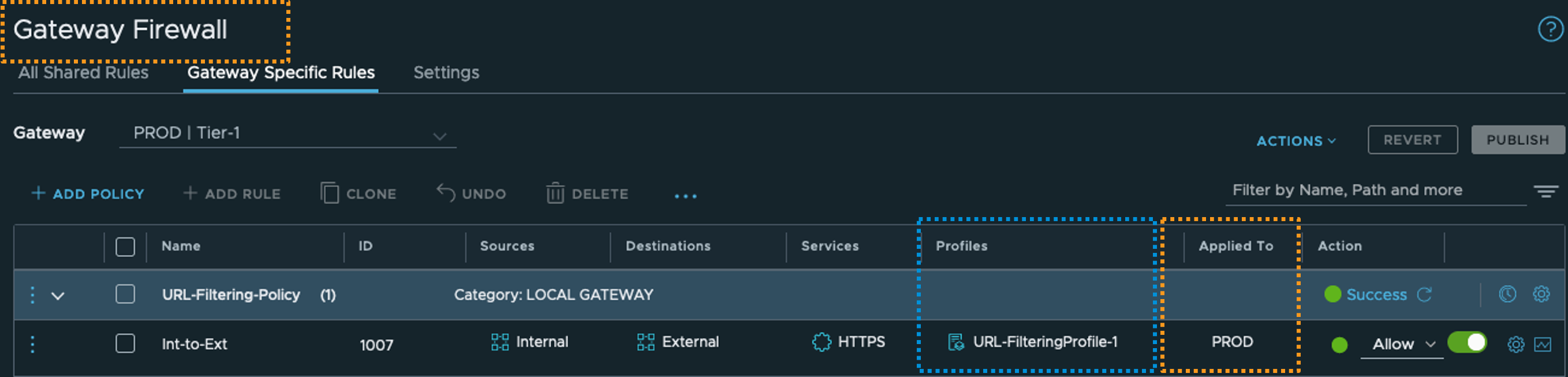 Screenshot of gateway firewall window.