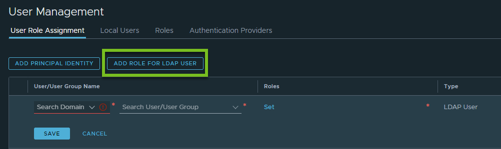 Add Role for LDAP User button is highlighted on the User Role Assignment page.