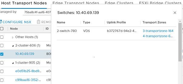 Selecting the transport node displays the VDS switch details along with its associated uplink profile and transport zones.