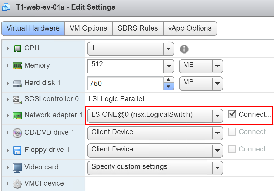 Screenshot of vSphere client showing VM settings