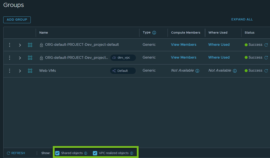 Shared Objects and VPC Objects check boxes are selected on the Groups page.