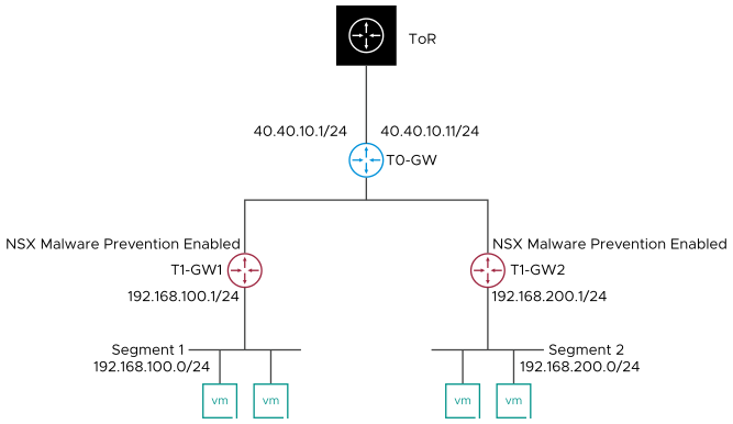 Network topology with two tier-1 gateways connected to a single tier-0 gateway.