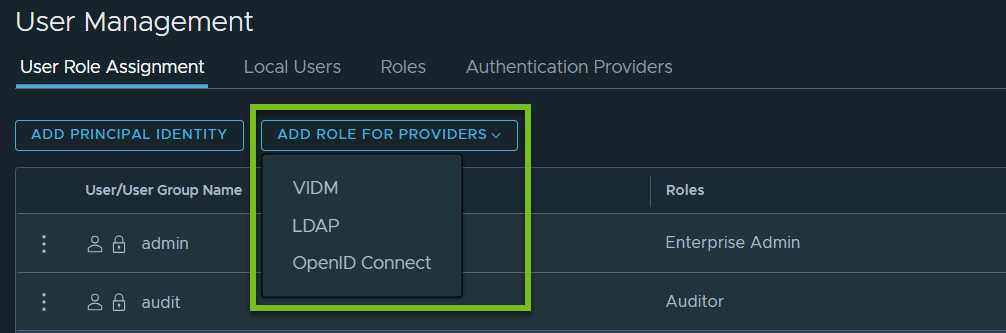 Add Role for Providers button is highlighted on the User Role Assignment page.