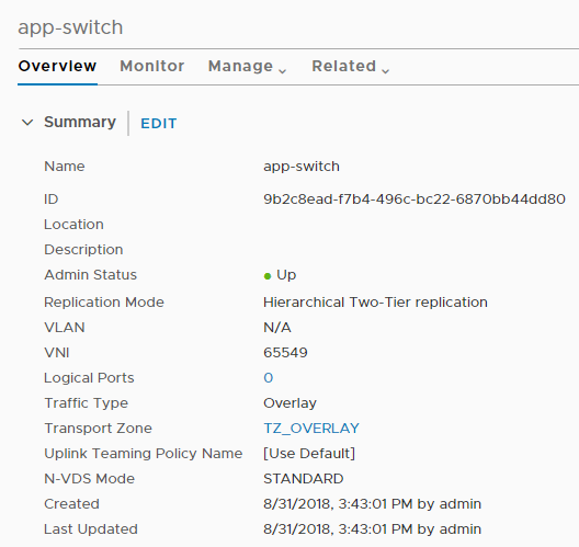 NSX Manager screen showing logical switch summary