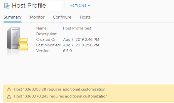 Hosts were not updated with customizations because attaching the host profile to the target cluster did not complete.