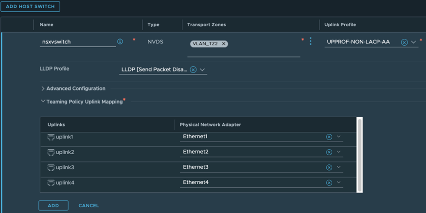 Mapping uplinks with teaming policy that is configured in NSX without LACP.