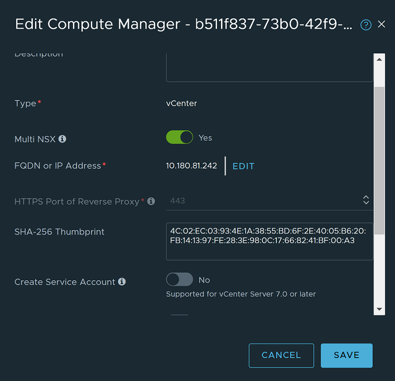 When configuring a compute manager, enable the Multi NSX flag.