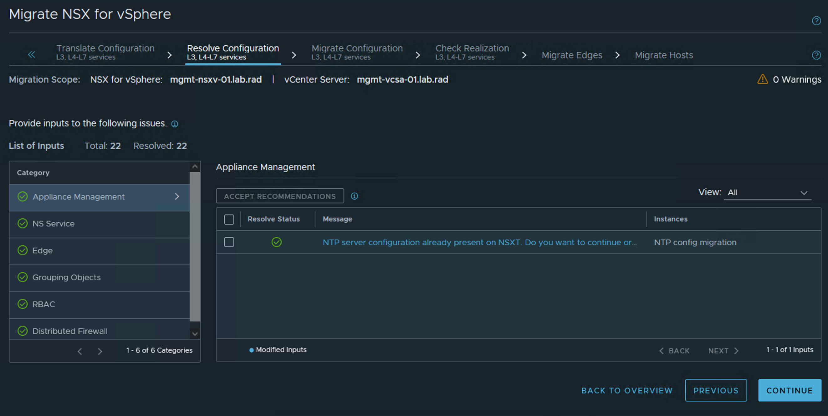 Screenshot of the resolve configuration layer 3 and above services