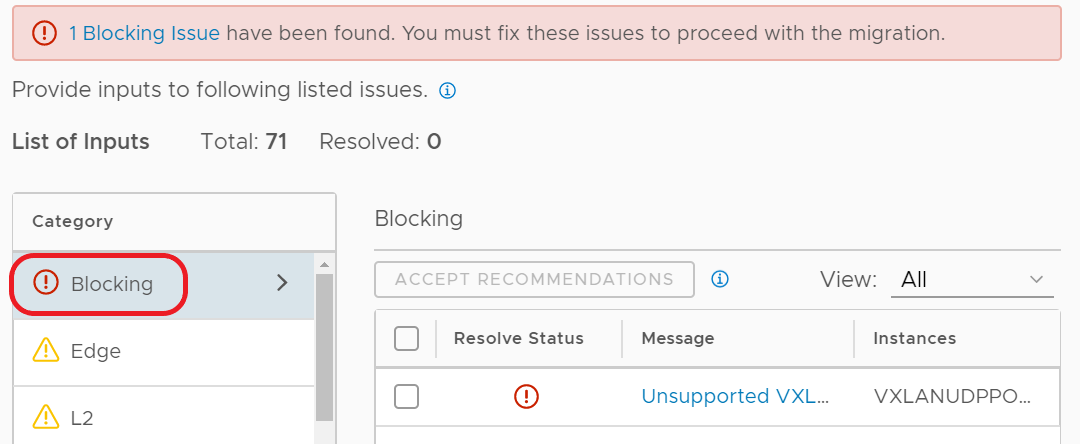 Figure shows blocking issues on the Resolve Configuration page.