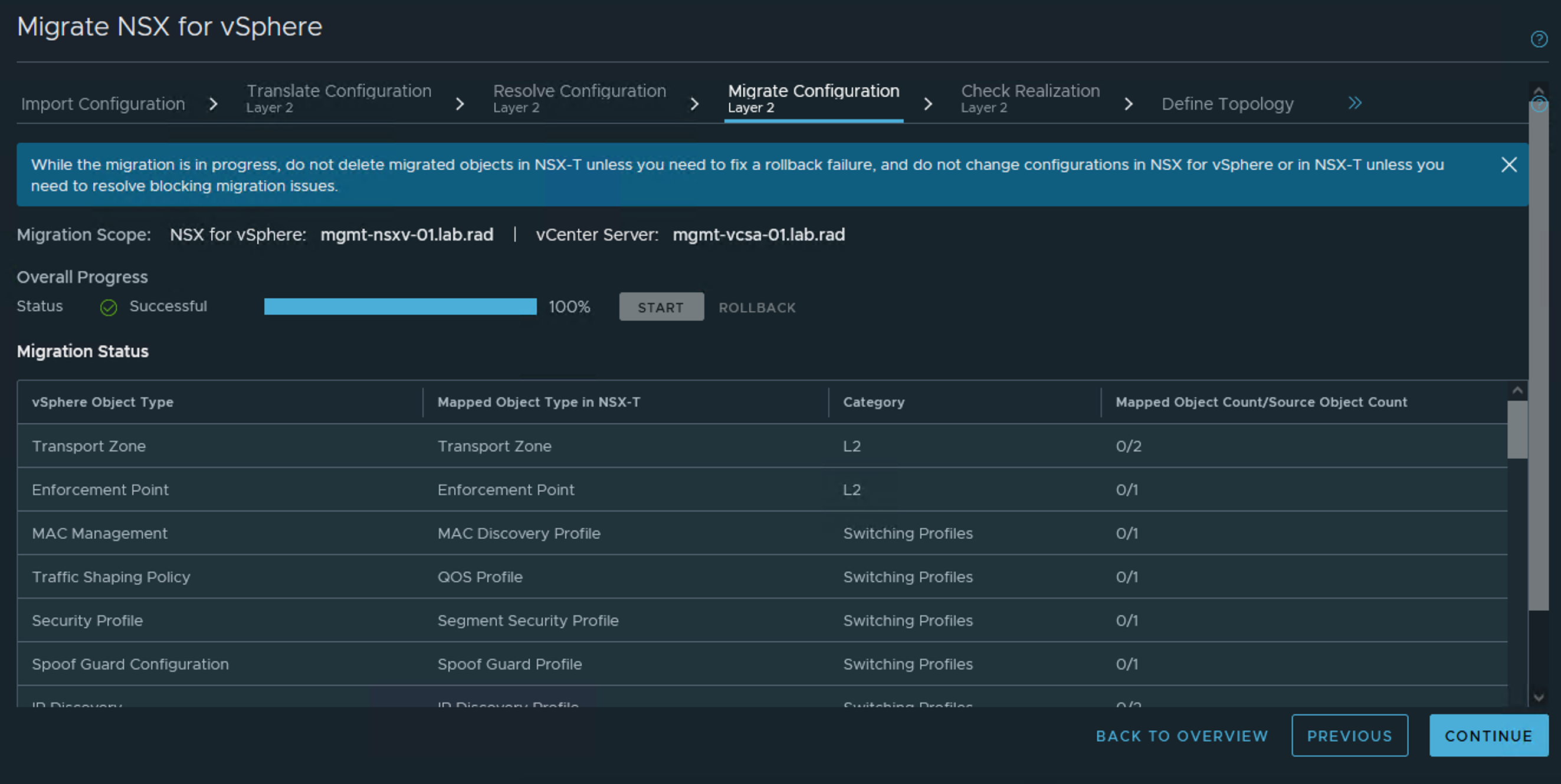 Screenshot of the migrate configuration layer 2 screen