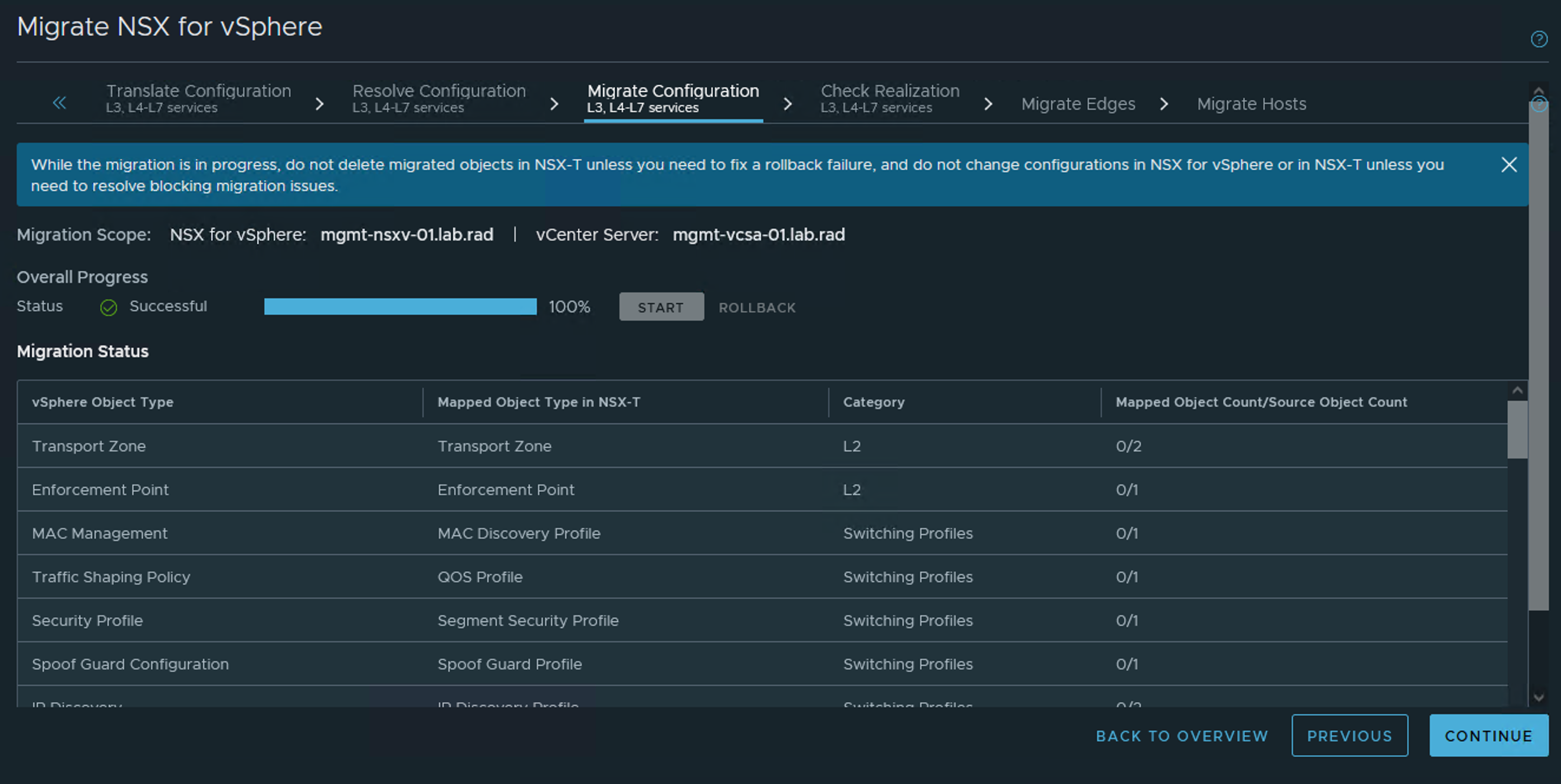 Screenshot of the migrate configuration layer 3 and above services