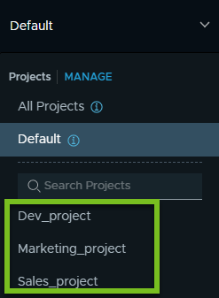 Project drop-down menu with three user-created projects highlighted.