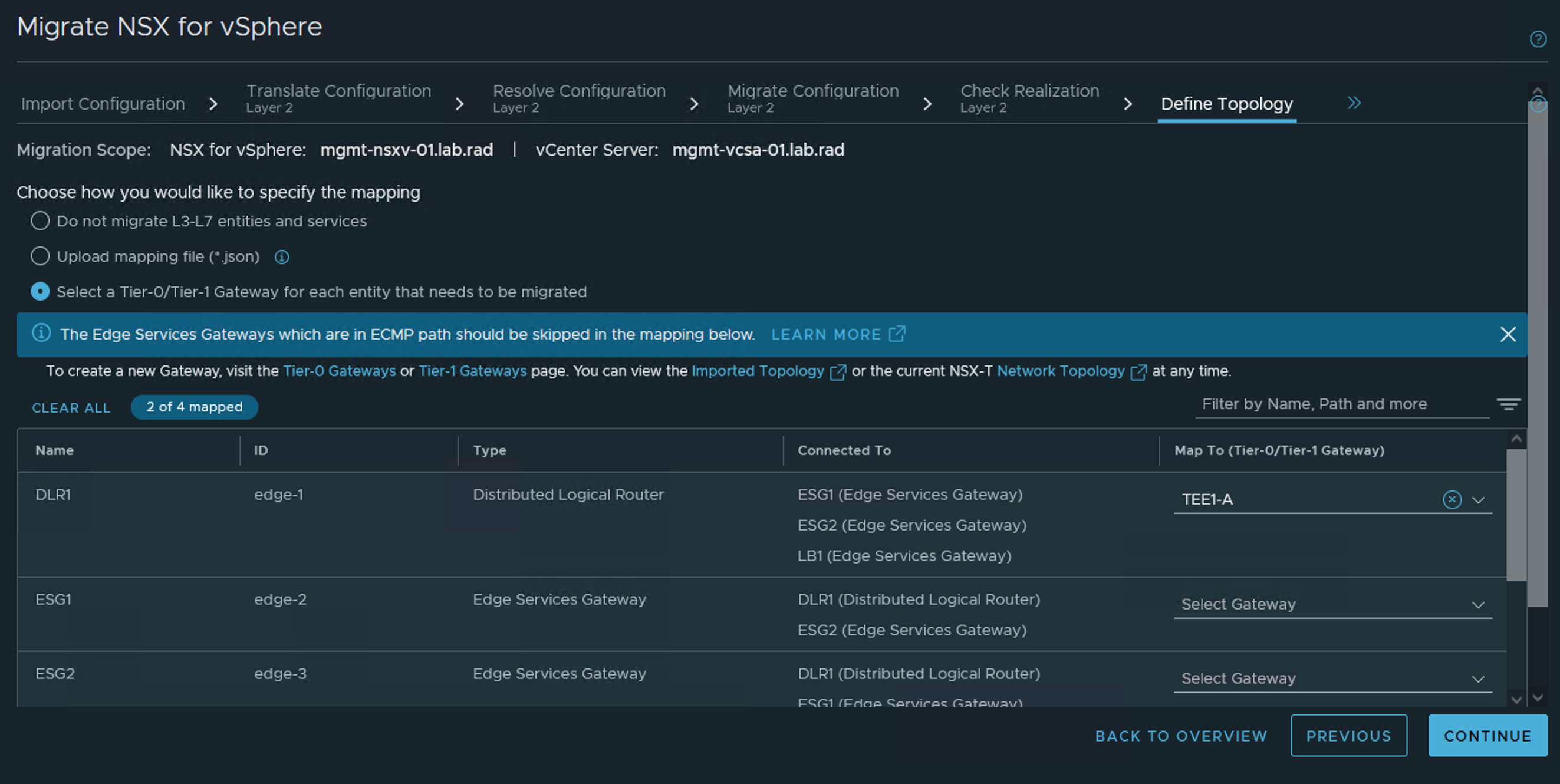 Screenshot of the define topology screen