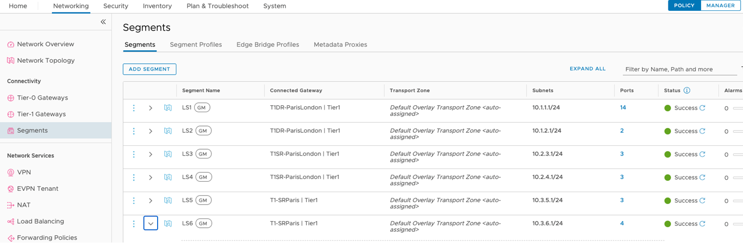 Screenshot of the segments screen