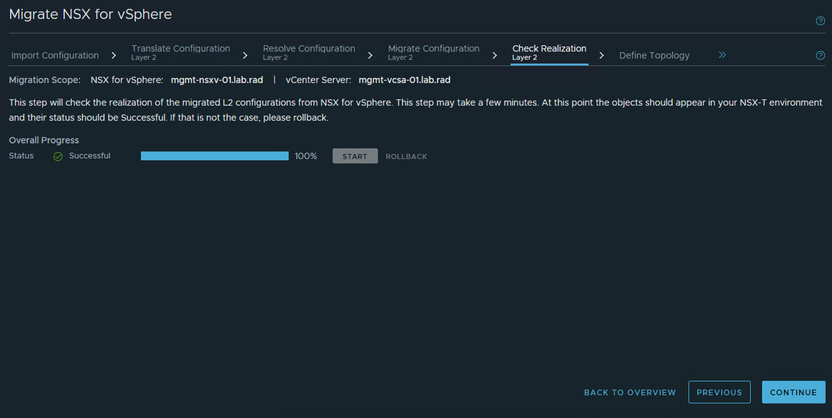 Screenshot of the check realization layer 2 screen