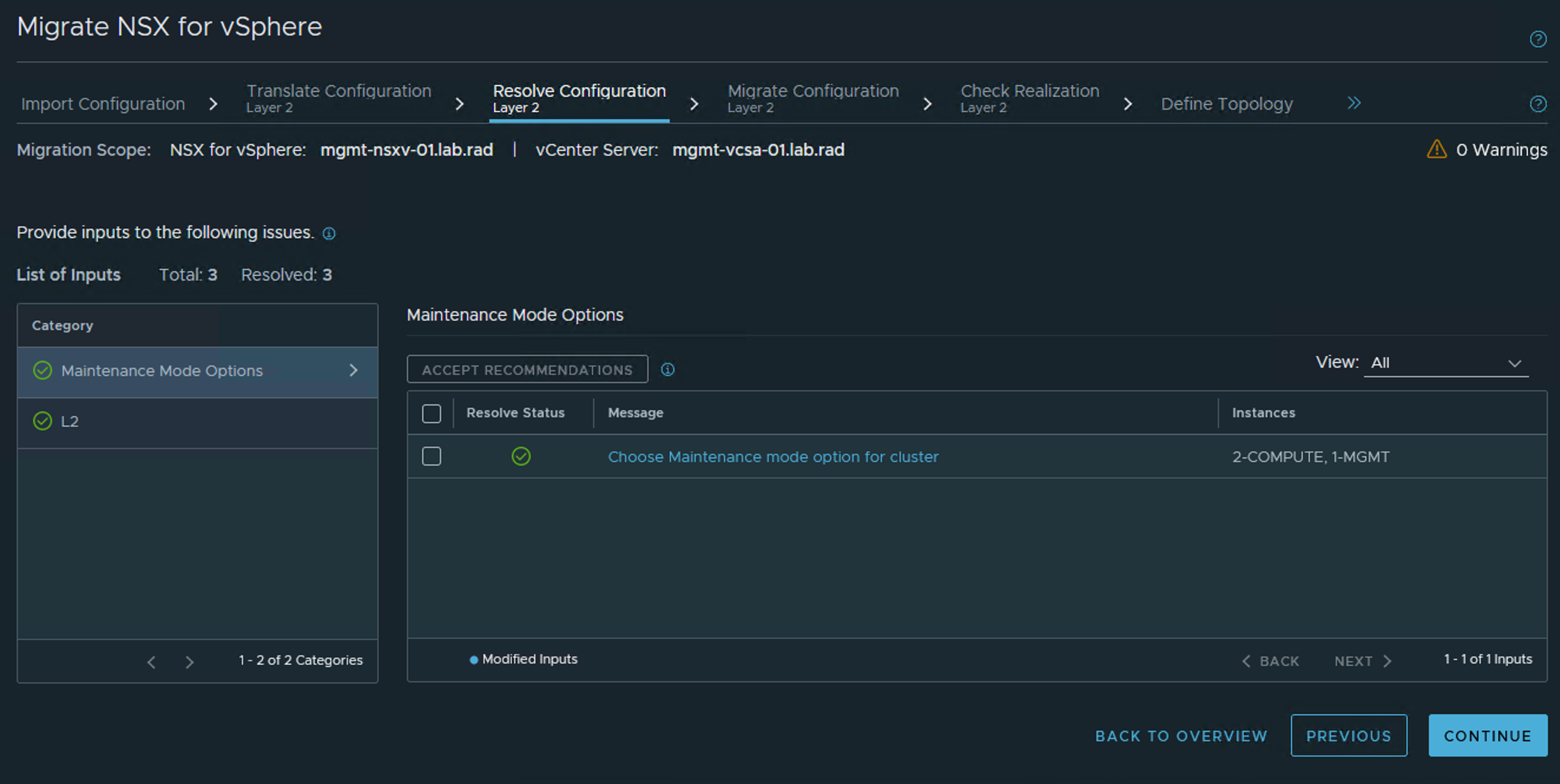 Screenshot of the resolve configuration layer 2 screen