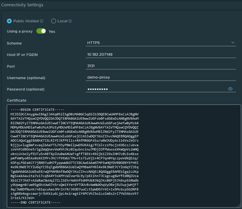 Proxy server configuration settings in the deployment wizard