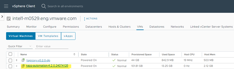 Image of the newly created NSX Application Platform Automation Application VM, which is powered on in the vSphere Client.