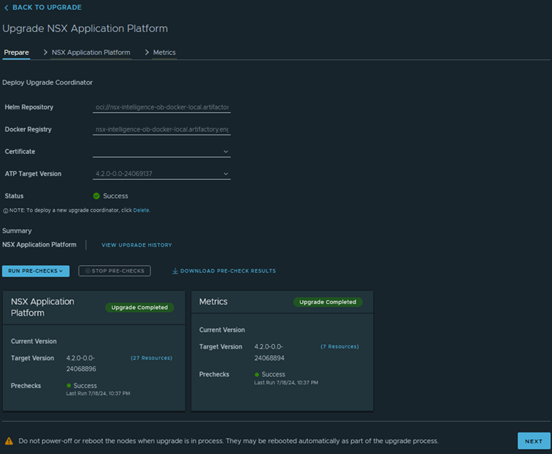 UI page for Upgrade NSX Application Platform. The Prepare tab contents are displayed and described by the surrounding text.