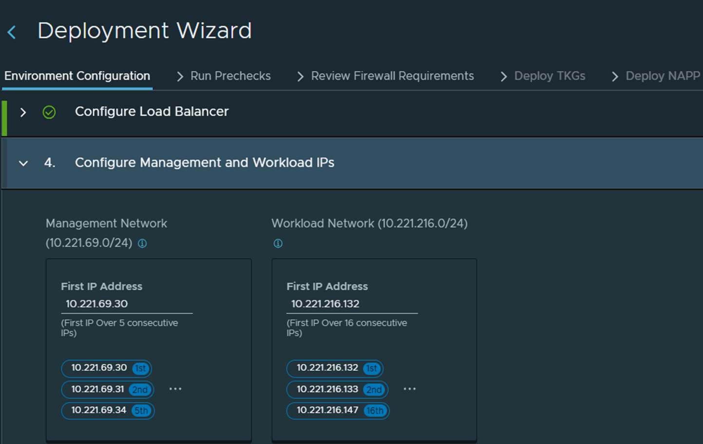IP address configuration for Management and Workload network settings.