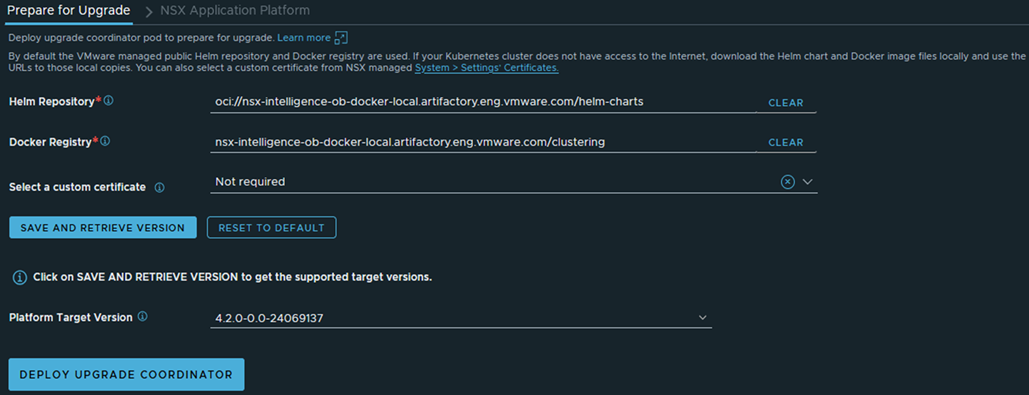 Prepare tab in the Upgrade NSX Application Platform UI with text boxes prepopulated default values from the Helm repository.